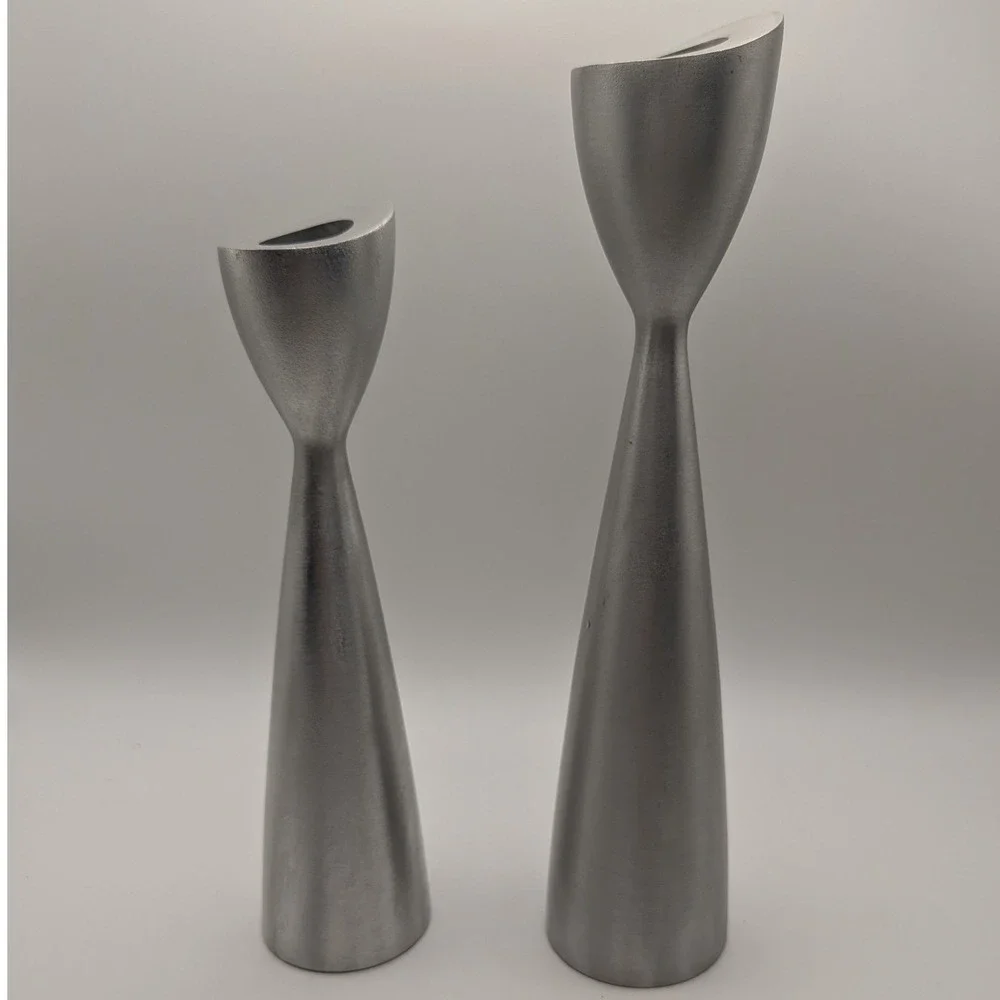 Vintage Mid Century Modern Brushed Silver Metal Taper Candlestick Holders Set 2